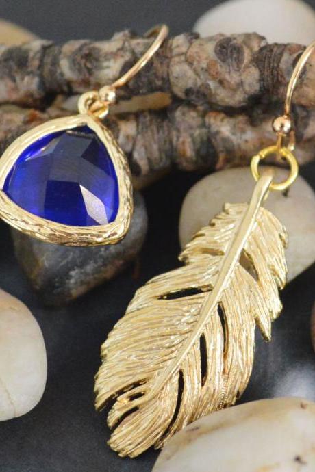 SALE) B-011 Feather pendant earrings, Bezel set earrings, Ocean blue glass drop earrings/ Special gifts/ Everyday jewelry/
