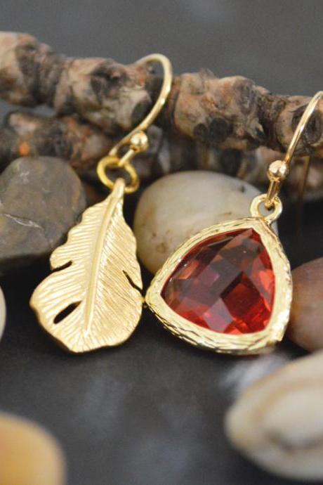 SALE) B-010 Feather pendant earrings, Bezel set earring, Orange glass drop earrings, Gold plated/Special gifts/ Everyday jewelry/