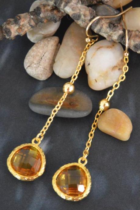 ) B-009 Glass Topaz Earrings, Bezel Set Drop Earring, Dangle Earrings,gold Plated Ball Chain/special Gifts/ Everyday Jewelry/