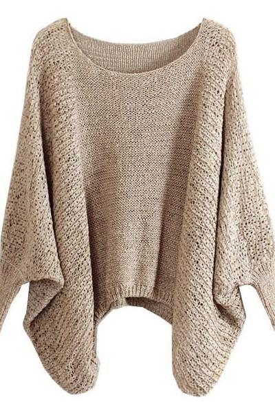 Beige Slouchy Knit Sweater with Batwing Sleeves 