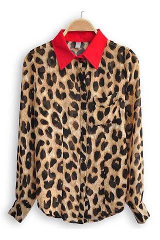 * Ship* Color Block Leopard Red Collar Blouse