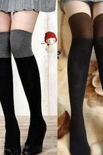 Fashion Cotton double color knee high tights boots socks