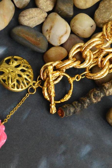 SALE) C-001 Pink cabochon bracelet, Brass tree charm bracelet,Modern bracelet,Gold plated double chain/Bridesmaid gifts/Everyday jewelry/