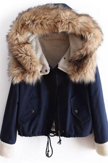 Sexy Fashion Navy Fur Hooded Long Sleeve Drawstring Coat
