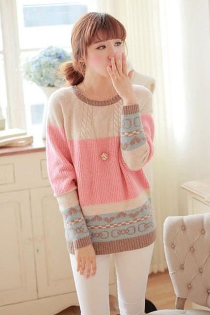 Cute Girls Candy Color Round Neck Pullovers Sweater
