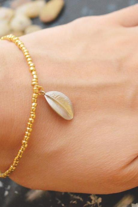 C-049 Gold Beaded bracelet, Seed bead bracelet, Pendant Bracelet, Simple bracelet, Charm bracelet, Leaf bracelet/Everyday jewelry/