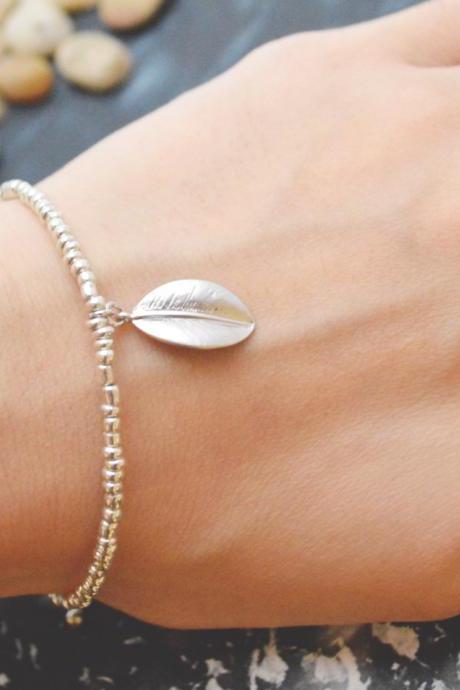C-048 Silver Beaded bracelet, Seed bead bracelet, Pendant Bracelet, Simple bracelet, Charm bracelet, Leaf bracelet/Everyday jewelry/