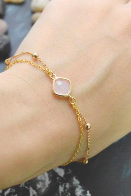 C-043 Pink Opal Bracelet, Gold Framed Bracelet, Layered Bracelet, Simple Bracelet, Ball Chain, Gold Plated/everyday Jewelry/