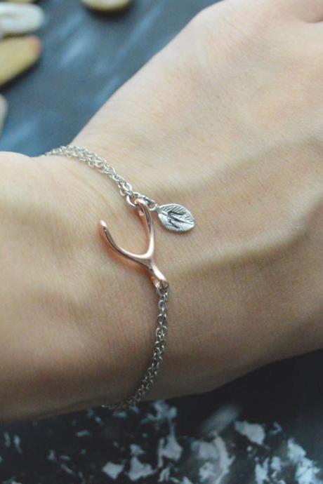 C-041 Wishbone Initial Bracelet, Personalized Bracelet, Simple Bracelet, Silver, Pink Gold Plated/everyday Jewelry/
