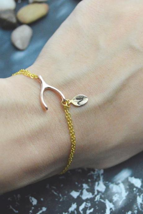 C-040 Wishbone Initial Bracelet, Personalized Bracelet, Simple Bracelet, Gold, Pink Gold Plated/everyday Jewelry/