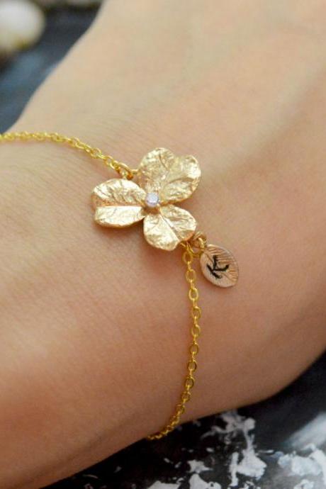 C-033 Flower Initial Bracelet, Personalized Bracelet, Simple Bracelet, Gold Plated/everyday Jewelry/