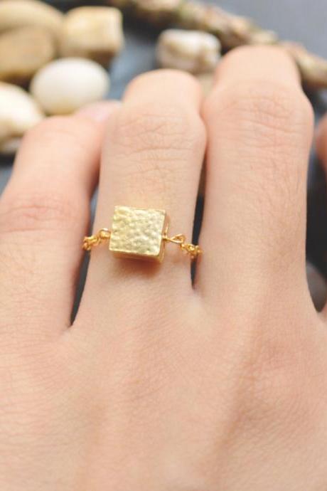E-040 Square ring, Chain ring, Hammered ring, Simple ring, Modern ring, Gold plated ring/Everyday/Gift/