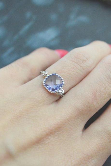 E-031 Tanzanite Glass Ring, Silver Framed Ring, Chain Ring, Simple Ring, Modern Ring, Silver Plated Ring/everyday/gift/