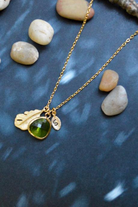 A-133 Hand stamped initial leaf necklace, Drop necklace, Feather Necklace, Peridot necklace/Everyday jewelry /Special gift/