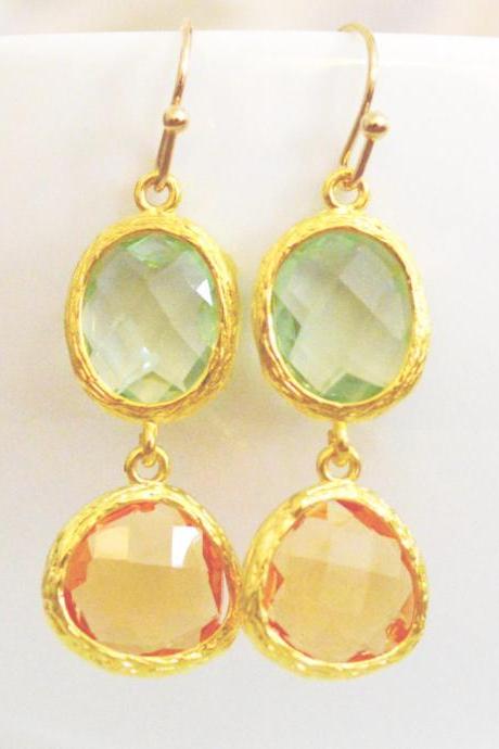 ) B-023 Glass Earrings, Light Green&amp;amp;topaz Drop Earrings, Cz Dangle Earrings, Gold Plated Earrings/bridesmaid Gifts/everyday Jewelry/