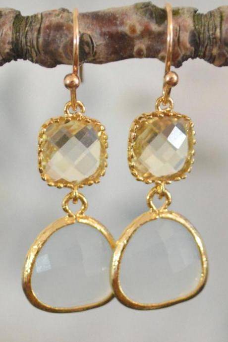 B-019 Glass lemon yellow, Bezel set ellis blue drop earrings, Dangle earrings, Gold plated /Bridesmaid gifts/Everyday jewelry/