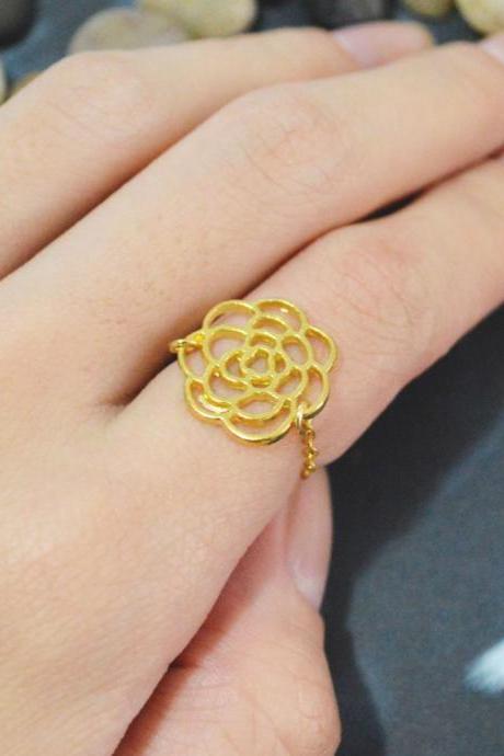 E-026 Flower ring, Chain ring, Camellia ring, Simple ring, Modern ring, Rhodium plated ring/Everyday/Gift/