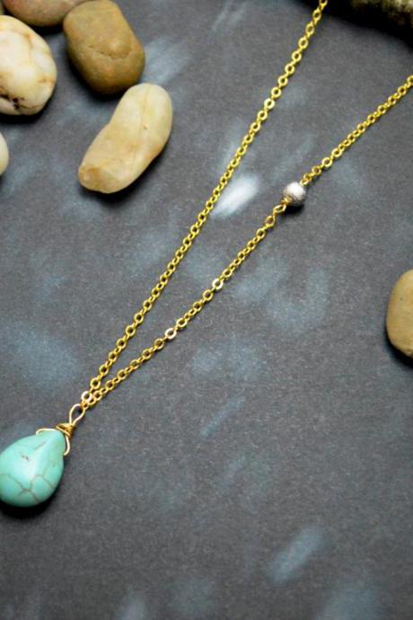 A-107 Turquoise drop necklace, Metal beads necklace, Simple necklace, Modern necklace, Gold plated/Bridesmaid/gifts/Everyday jewelry/