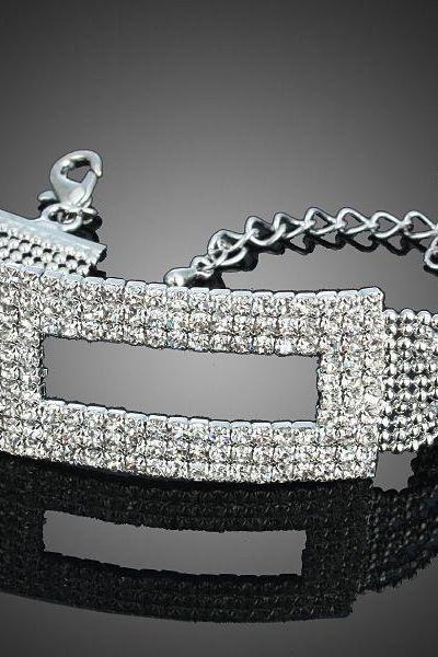 Rectangle CZ Crystals 18K White Gold Plated Lady Linked Chain Bracelet 