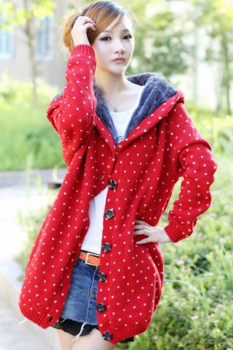 Bestselling Polka-dot Knitting Wool Hooded Cardigans - Red 
