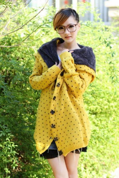 Bestselling Polka-dot Knitting Wool Hooded Cardigans - Yellow 