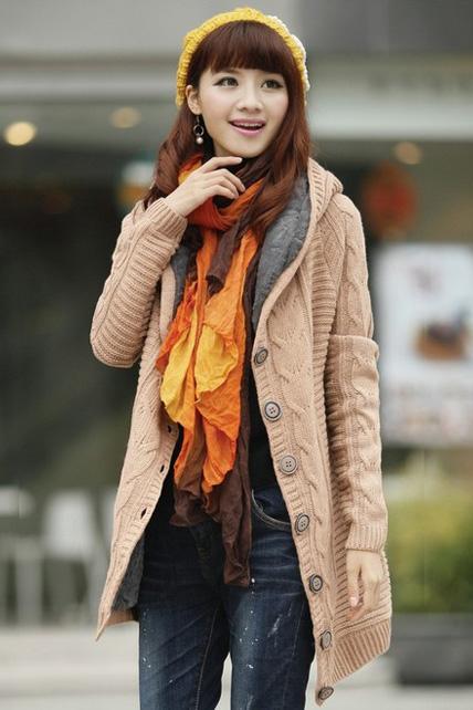Thickened Hooded Collar Button Closure Knitting Cardigans - Khaki