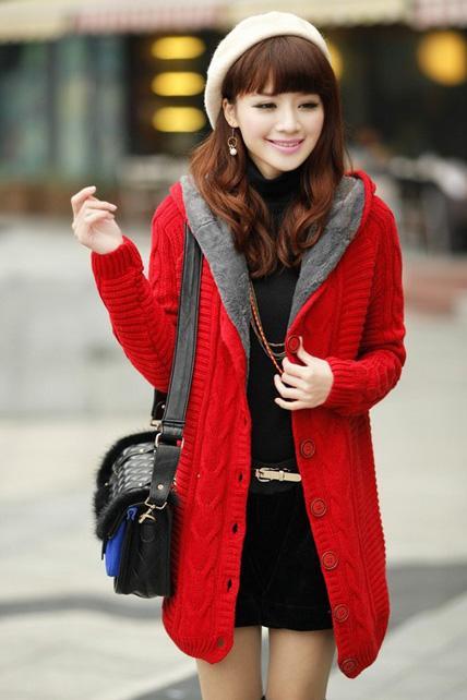 Thickened Hooded Collar Button Closure Knitting Cardigans - Red