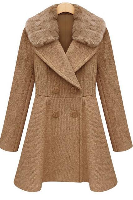 Stylish Double Breasted Trench Coat With Fur Collar - Khaki