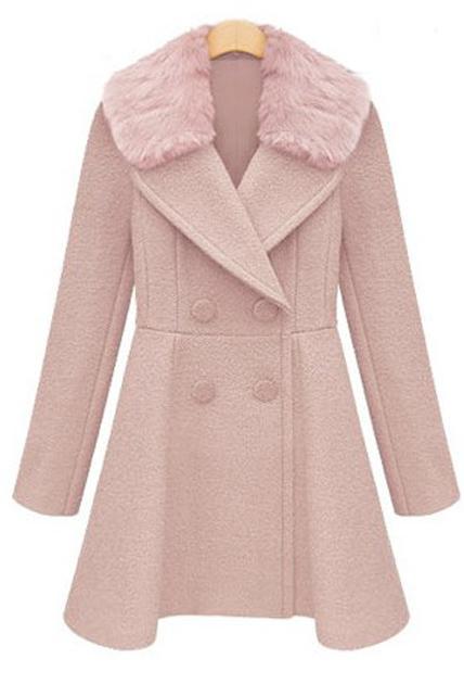 Stylish Double Breasted Trench Coat With Fur Collar - Pink
