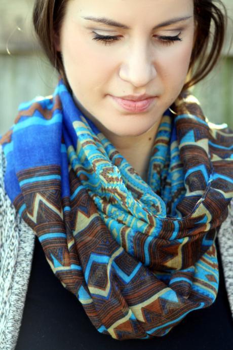 Sale Boho Scarf- Aztec, Tribal Poncho Scarf - Aztec Shawl Scarf - knitted scarf - blue, Turquoise scarf , Fall color scarf