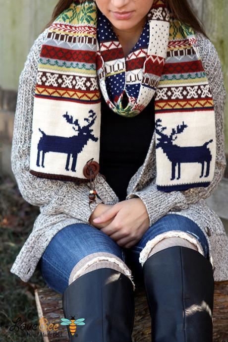 Boho Chunky Scarf- Christmas , Reindeer, Winter Scarf, Navy, White Scarf , Knitted, Wood Buttons, Leather, Red ,Muffle ,Shawl Green , Yellow