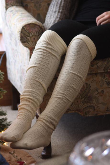 Above Knee Socks, Thick Cotton Socks, Extra Long Socks, Boot Socks, White , Ivory, Knitted Socks.