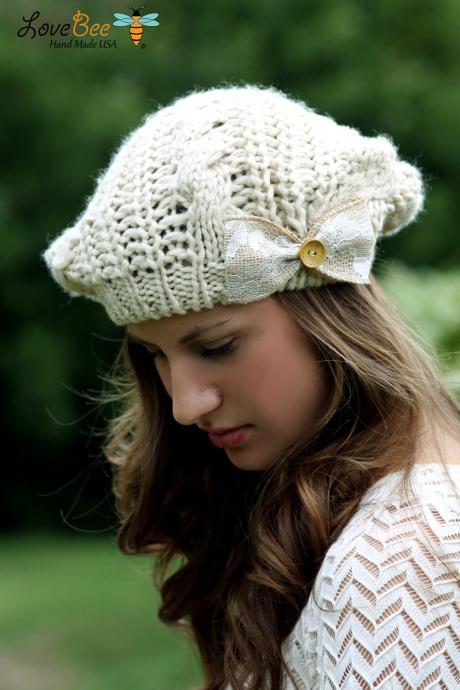 Crochet Woman's Hat- Beanie Hat, Light Tan, Ivory, Large Bow, Wood Button, Cable Knit, Knitted,lace trim , Christmas Gift, French