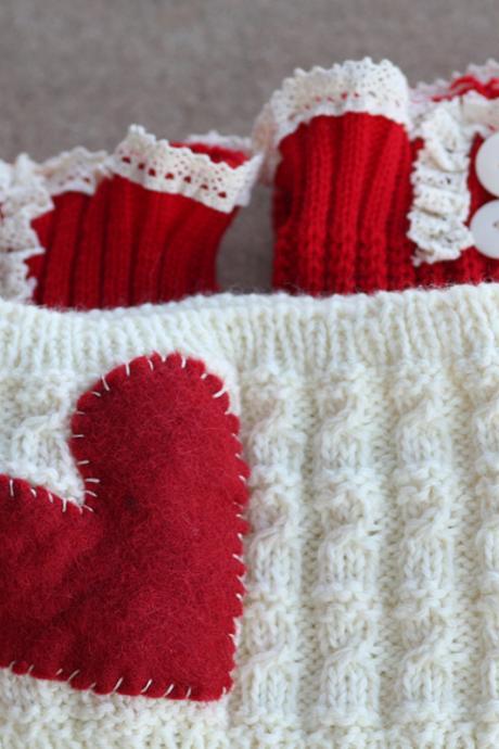 Red and White - Heart Headband, White headband, Cozy, Red Leg warmers. White lace. Big Heart, Christmas Gift.