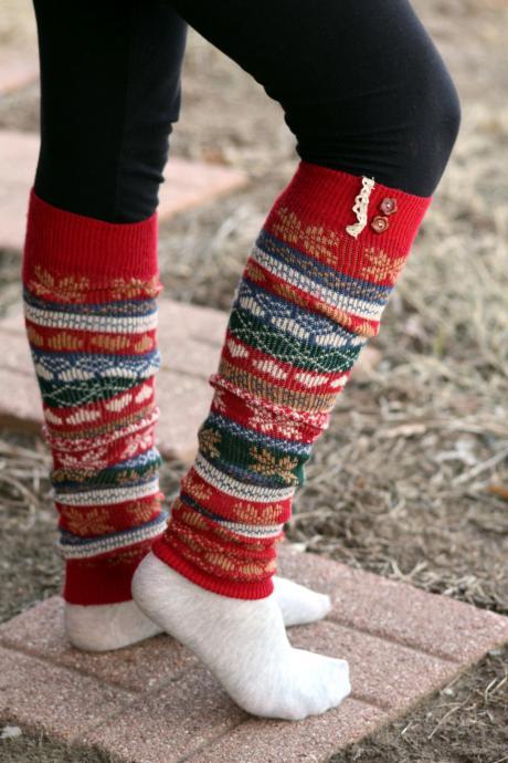 Limited Time Sale Women's Legwarmers - Boho,Christmas, snowflake, Boot Cover, Socks,Gift, Red Button