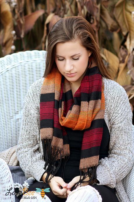 Sale Boho Scarf- Christmas , Tribal Fringed Poncho Scarf - Aztec Shawl Scarf - knitted scarf - Burned orange, Fall color scarf
