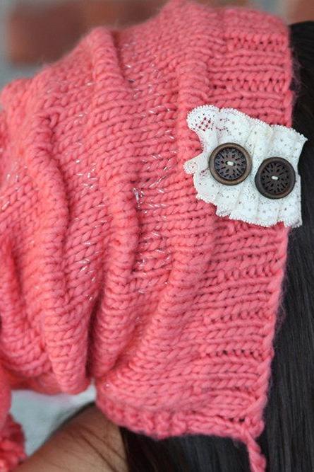 Limited Time Sale Magic Hat- Women's Knitted Beanie, Hat, Cap , Lace Trim, Peach, Orange , Wood buttons, Crochet,Christmas Gift.