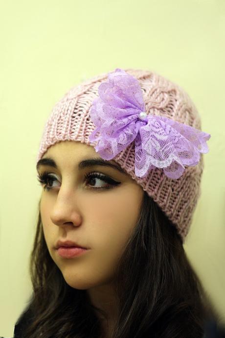 Lavender Bow Beanie Hat- Pink Hat, Smoky, lace bow , Cable Knit, Knitted, Crochet, Christmas Gift.