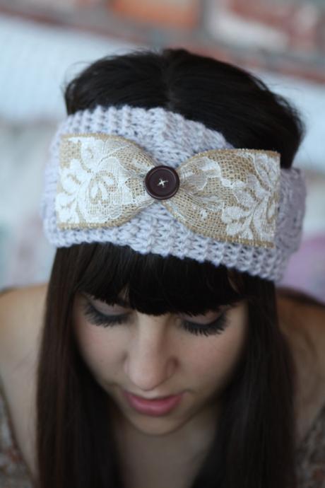 Sale Headband - Large Bow, Knitted , Cable Knit , Gray ,infinity, Wood Button, Lace, Linen,Wide Headband, Turban, Christmas Gift