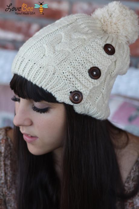 Beanie Hat- , Ivory, Pom Pom , Wood buttons, Cable Knit, Knitted, Crochet, ivory lace, Christmas Gift.