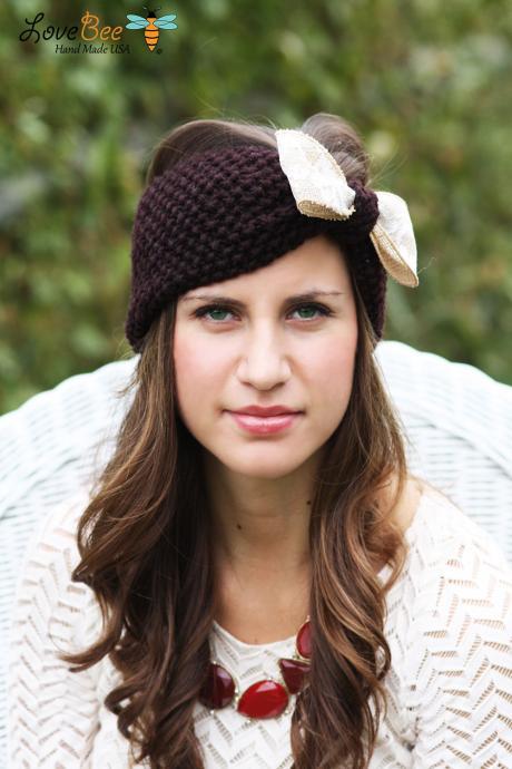 Headband - Large Bow, Burlap,Tan, Straw, Lace Bow , Knitted , Knit ,infinity, Button, Wide Headband, Turban, Christmas Gift