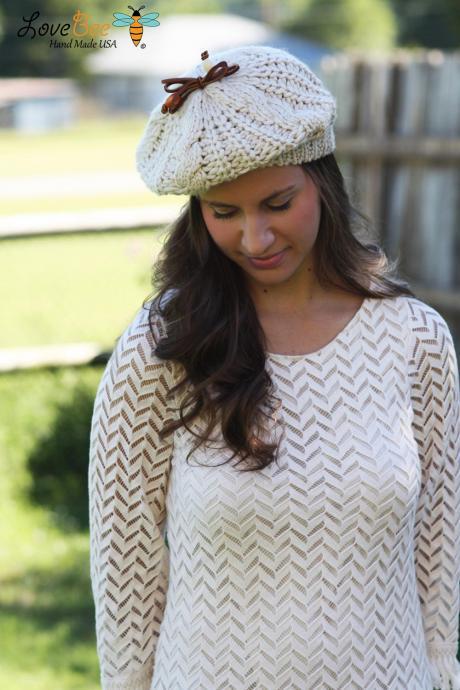 Beanie Hat- Light Tan, Ivory, Large Bow, Wood Beads, Leather Bow, Cable Knit, Knitted, Crochet, ivory lace, Christmas Gift.