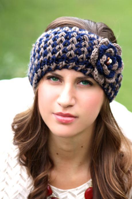 Headband - Large Flower,Navy Blue, Tan, Brown , Wood Beads, Knitted , Crochet, Knit ,infinity, Wide Headband, Turban, Christmas Gift