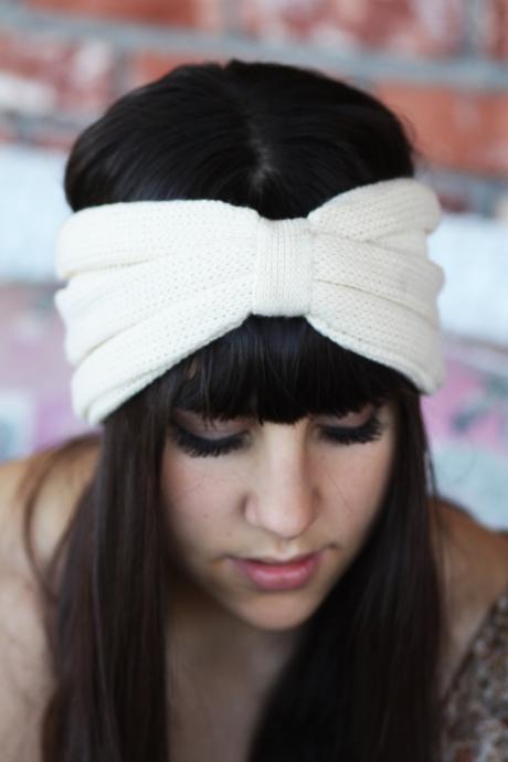 Headband - Knitted , streatch, Linen White ,infinity, Wide Headband, Turban, Christmas Gift