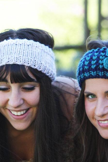 Headband - Large flower, Turquoise , Navy Blue , Knitted , Knit ,infinity, Button, Wide Headband, Turban, Christmas Gift