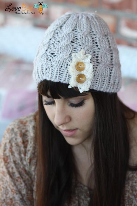 Beanie Hat- , Light Gray, Accordion lace , Wood buttons, Cable Knit, Knitted, Crochet, ivory lace, Christmas Gift.