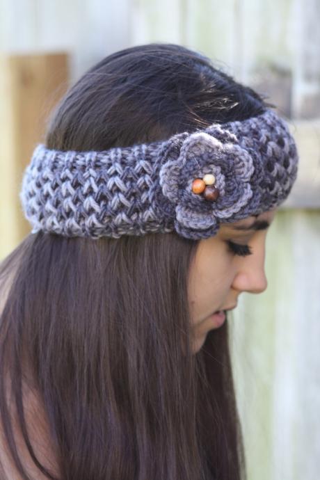 Headband - Large Flower, Grey , Wood Beads, Knitted , Crochet, Knit ,infinity, Wide Headband, Turban, Christmas Gift
