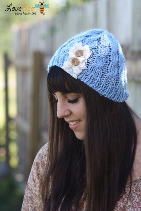 Beanie Hat- Sky Blue, Ivory, Accordion lace , Wood buttons, Leather Bow, Cable Knit, Knitted, Crochet, ivory lace, Christmas Gift.