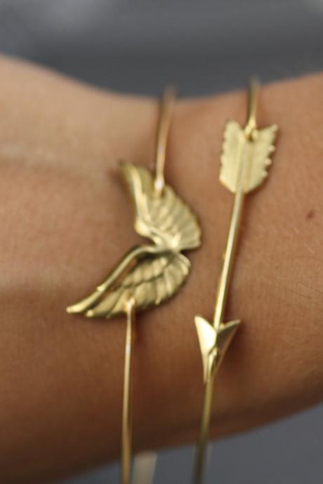 Arrow Bangle Bracelet- Wing Bangle Bracelet-simply Gold Wing And Arrow Bangle Bracelet- Hunger Games Inspired Jewelry- Bridesmaids Gifts