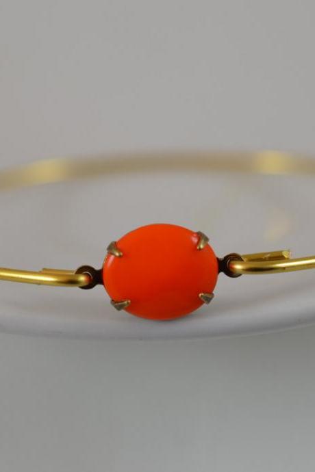 Opaque Orange Vintage Glass Bangle Bracelet- Gold Bangle Bracelet- Stone Bangle- Bridesmaids Gifts- Casual Wear- Minimalist